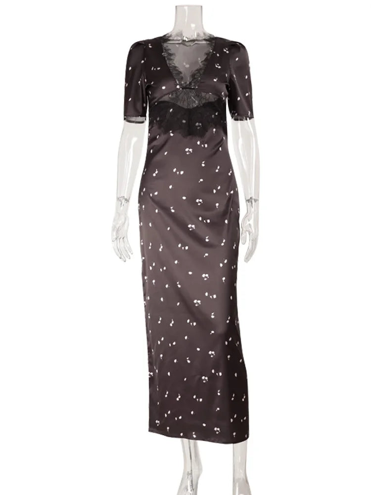Ahagaga Eelgant Dresses For Women Patchwork Lace Floral V-Neck Short Sleeves Slim Fit Bodycon Trend Sheath Femlae Vestidos Robes