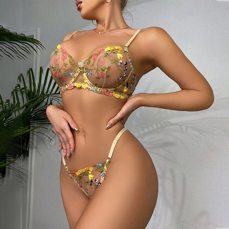 Floral Embroidered Lace Lingerie Set