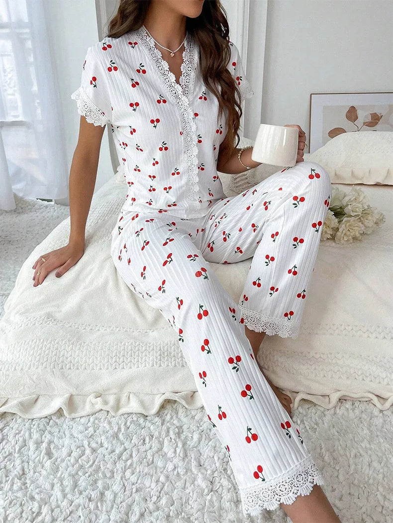 New Cute Ribbed Knit Pajama Set Womens Cherry Print V Neck Short Sleeve Top and Pants Two Piece Sleepwear Lace Trim Homewear Set
