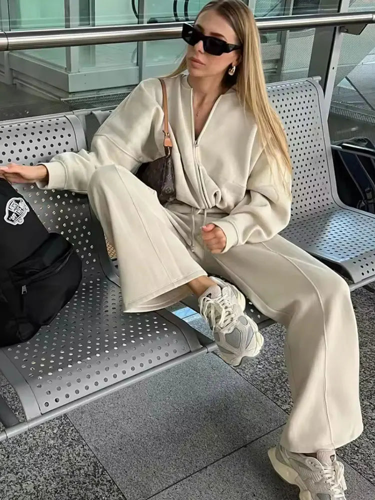 Zip Bomber Jacket+High Waist Lace Up Pants Street Wear
