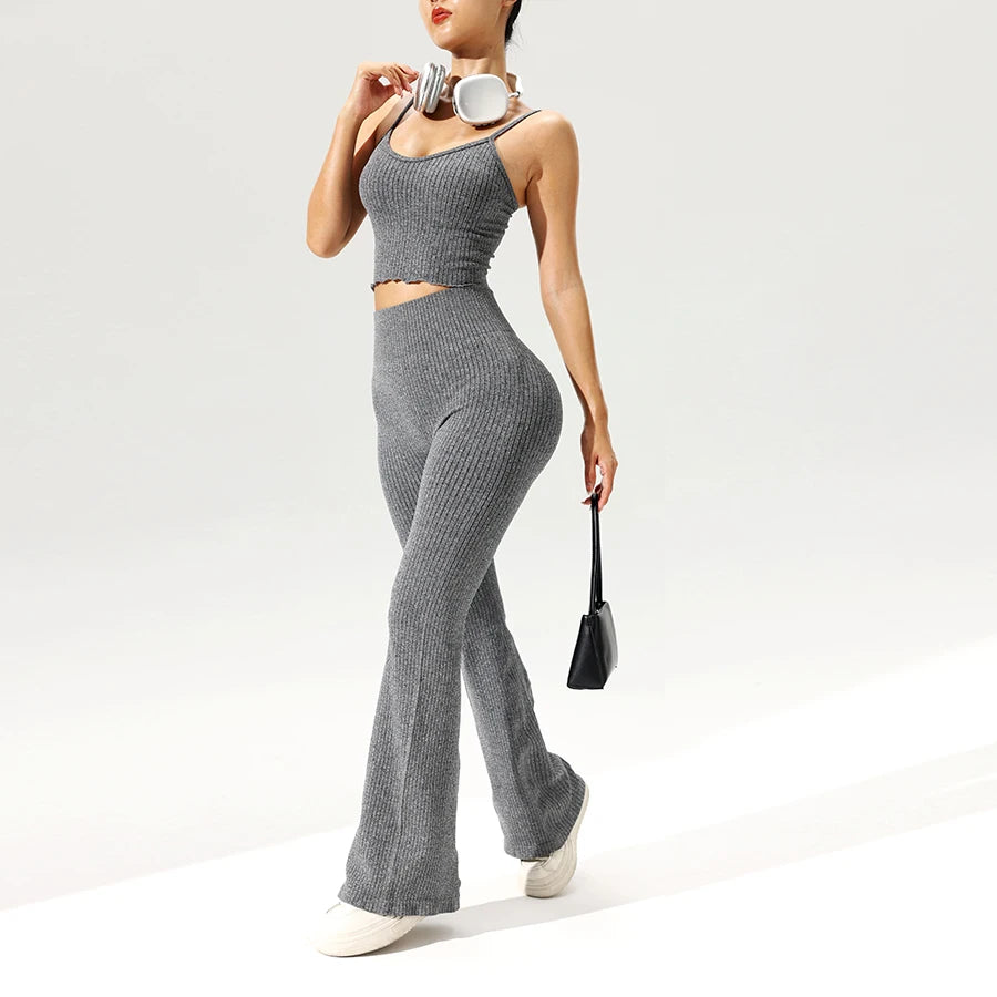 2pcs/set Seamless Flared Pants Ribbed Tank Top Outfit