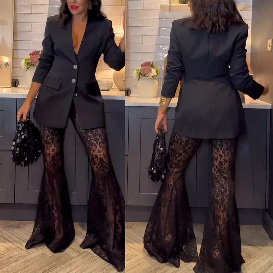 Elegant Blazer Jacquard Lace Pants Sets