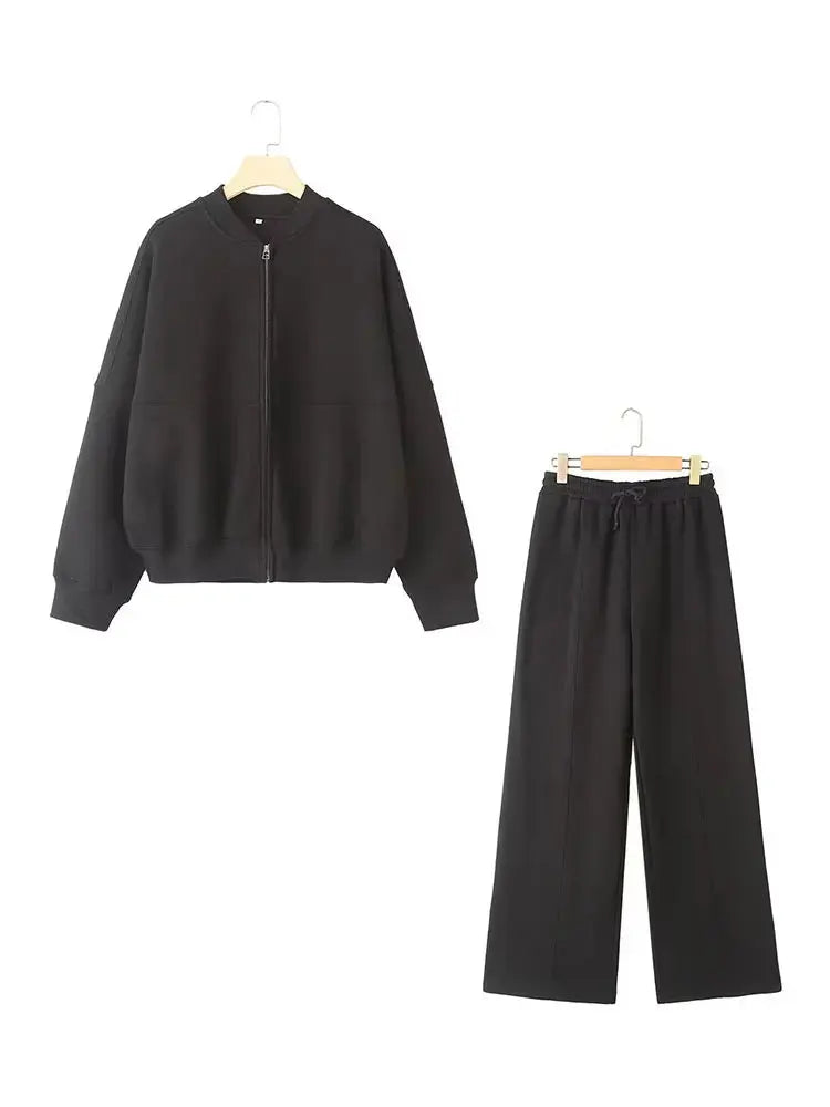 Zip Bomber Jacket+High Waist Lace Up Pants Street Wear