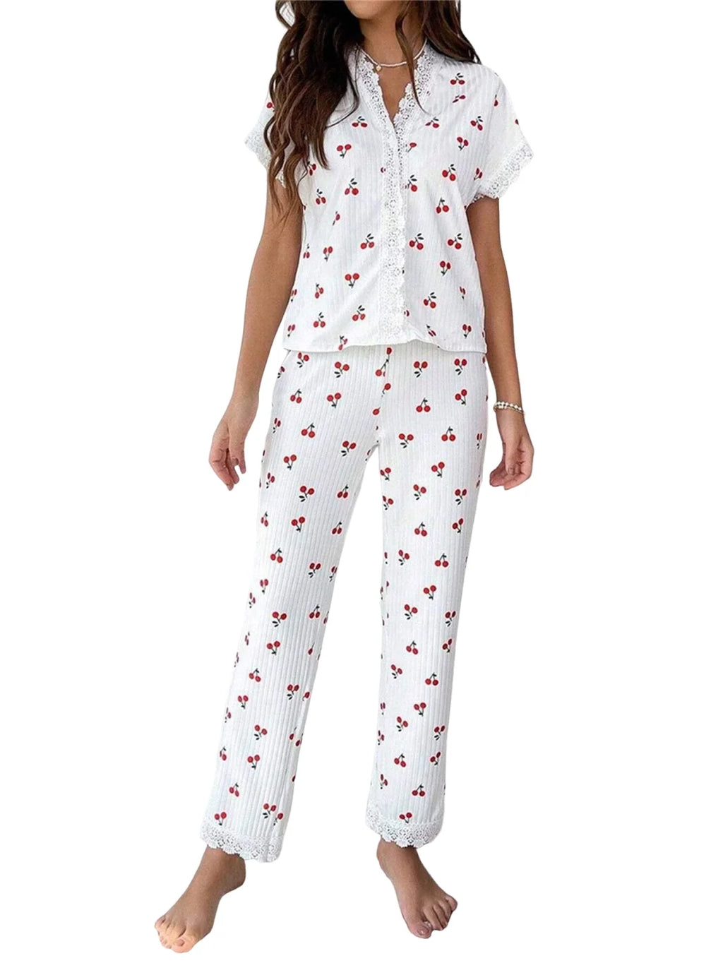 New Cute Ribbed Knit Pajama Set Womens Cherry Print V Neck Short Sleeve Top and Pants Two Piece Sleepwear Lace Trim Homewear Set