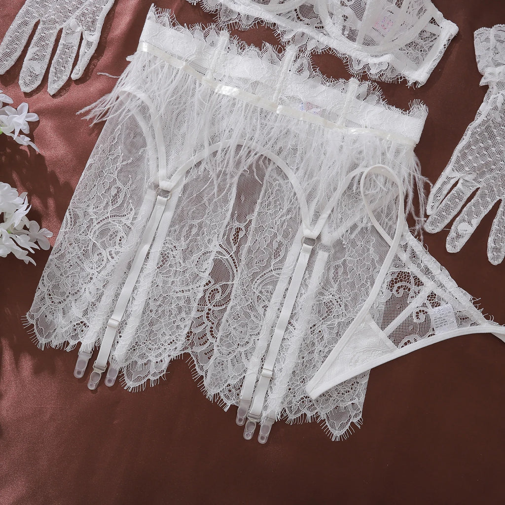 Feather Lace Lingerie Set with Garter & Suspenders