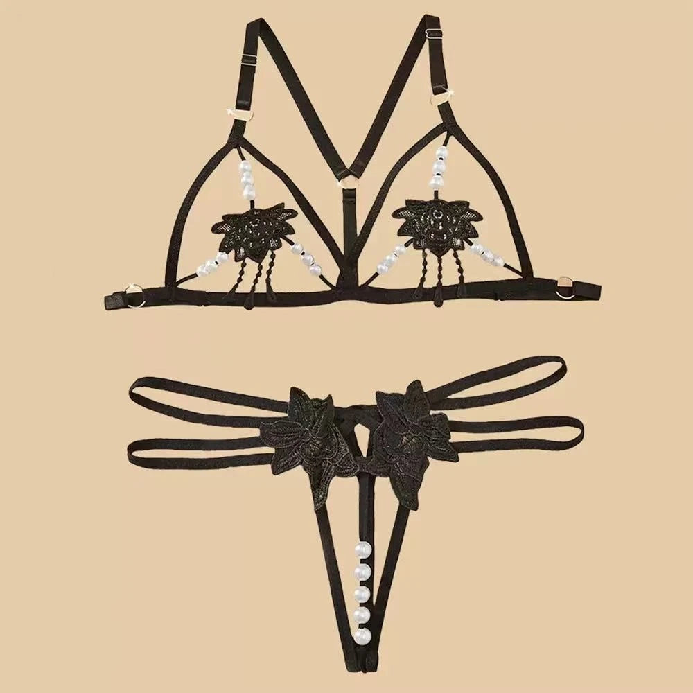 Lace Hollow Bra & Bodysuit Lingerie Set