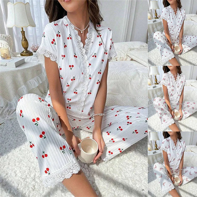 New Cute Ribbed Knit Pajama Set Womens Cherry Print V Neck Short Sleeve Top and Pants Two Piece Sleepwear Lace Trim Homewear Set