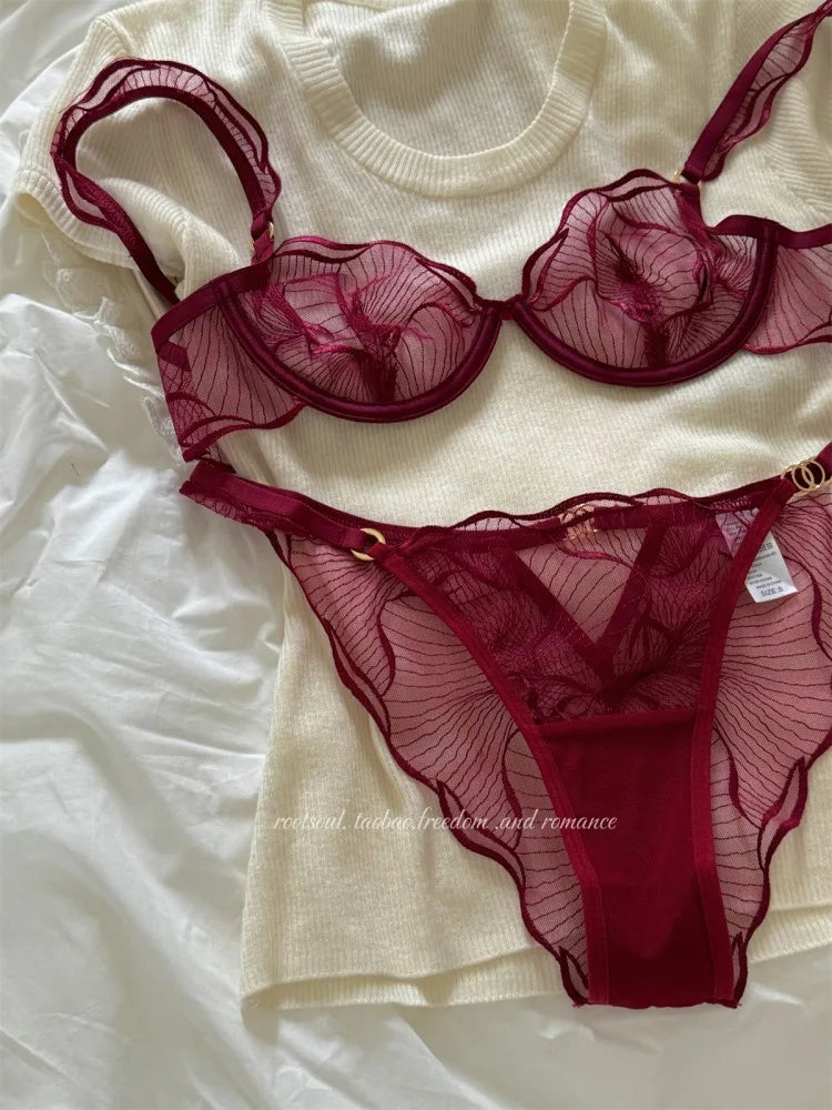 Sexy French Flower Embroidery Lace Bra Set