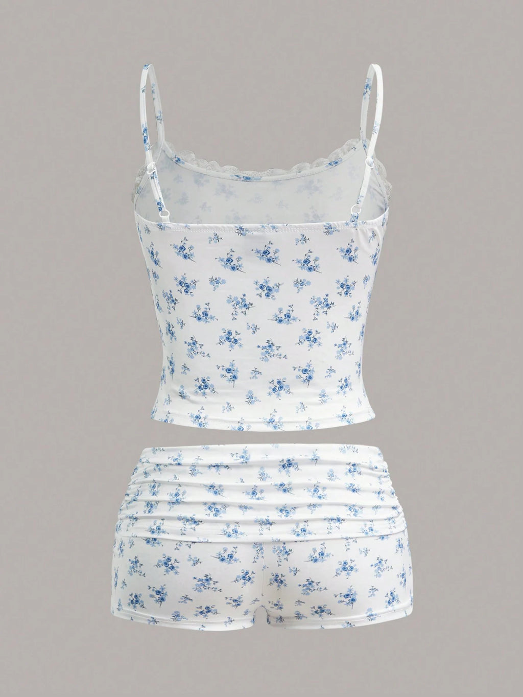 flower print lace neckline casual pants set