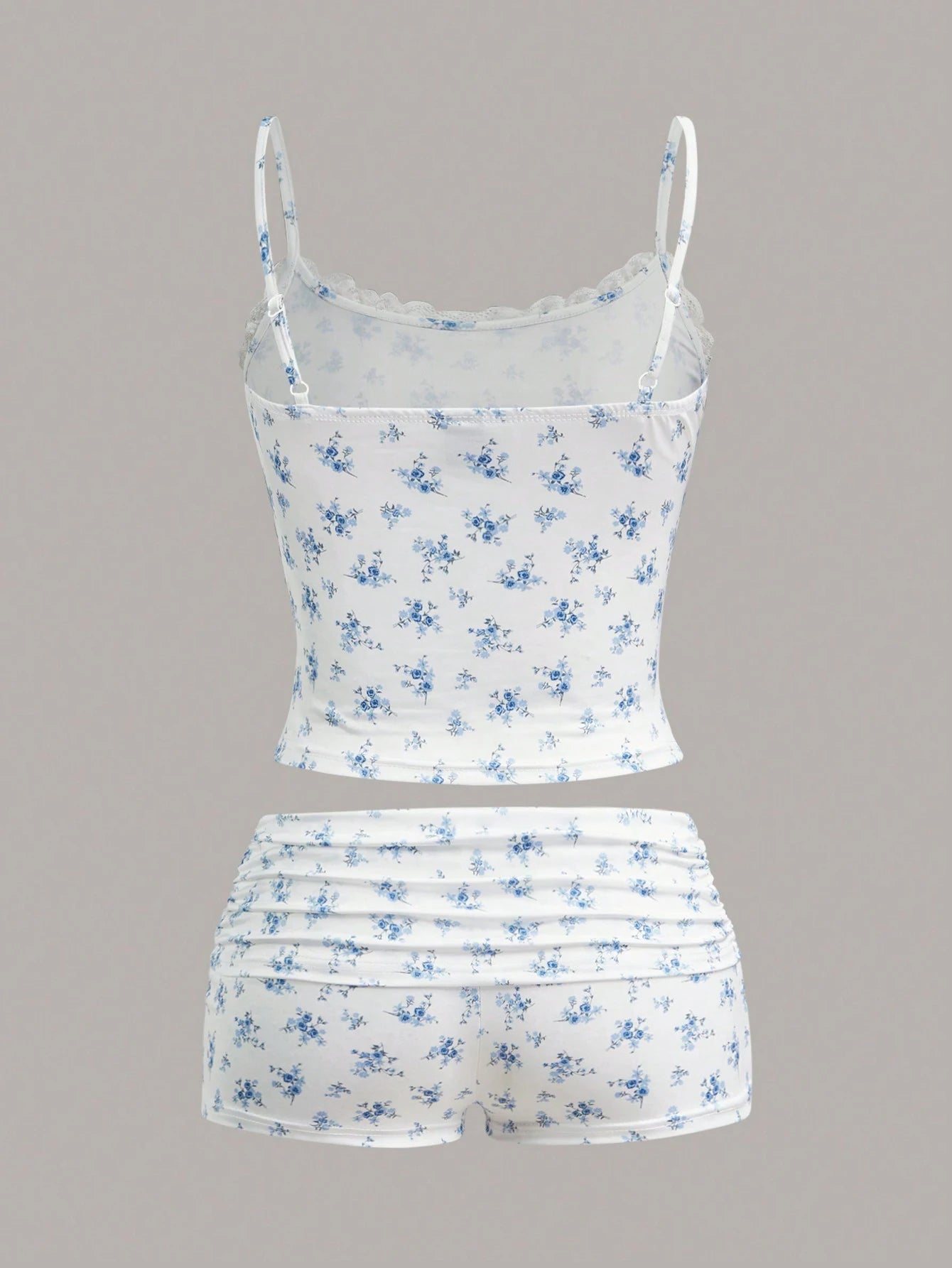 flower print lace neckline casual pants set