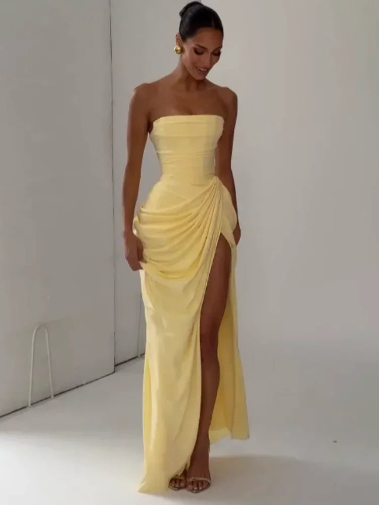 Yellow Strapless Pleated Dress Women Elegant Sexy Sleeveless Waist Cinching Split Maxi Gowns 2026 Lady New Evening Party Dresses