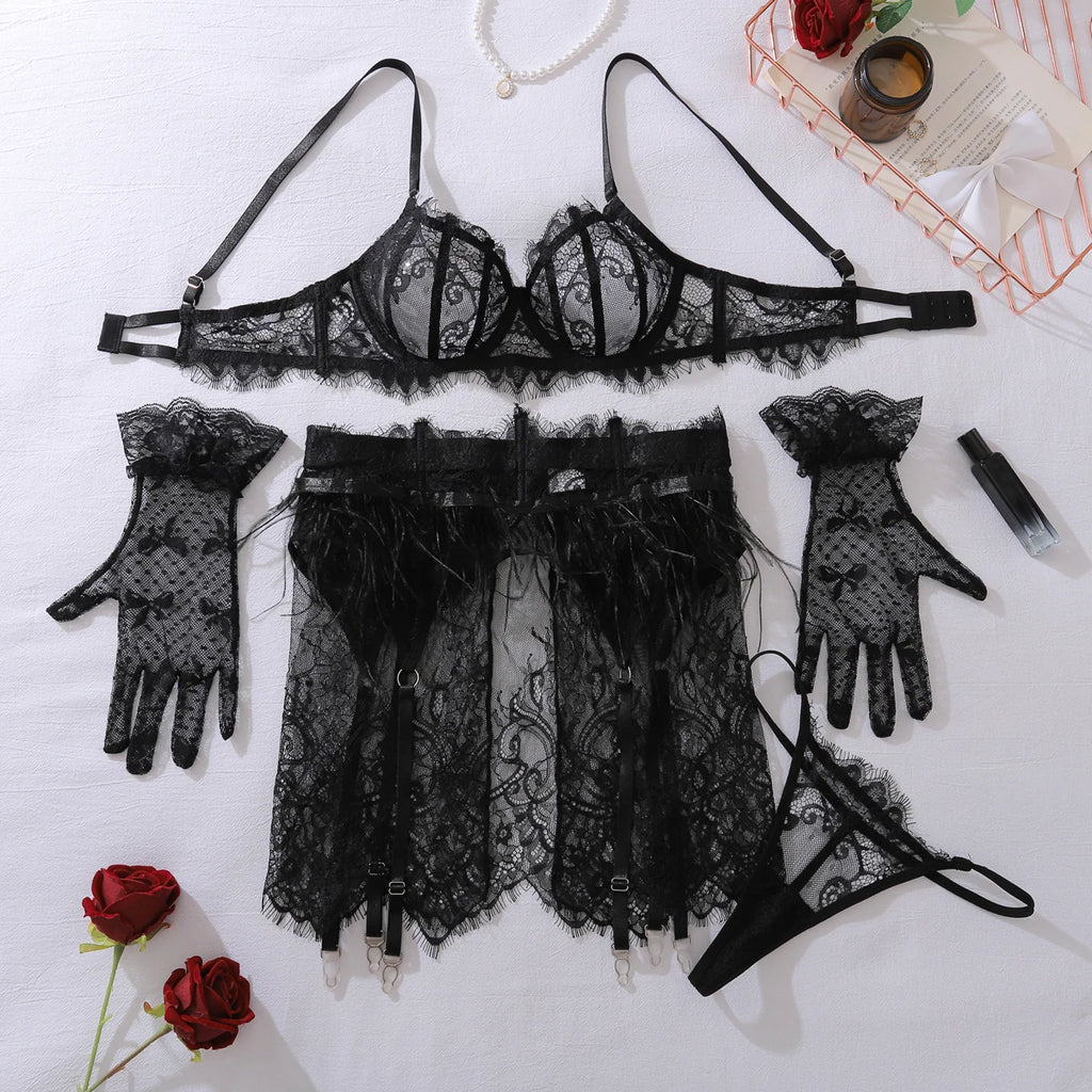 Feather Lace Lingerie Set with Garter & Suspenders