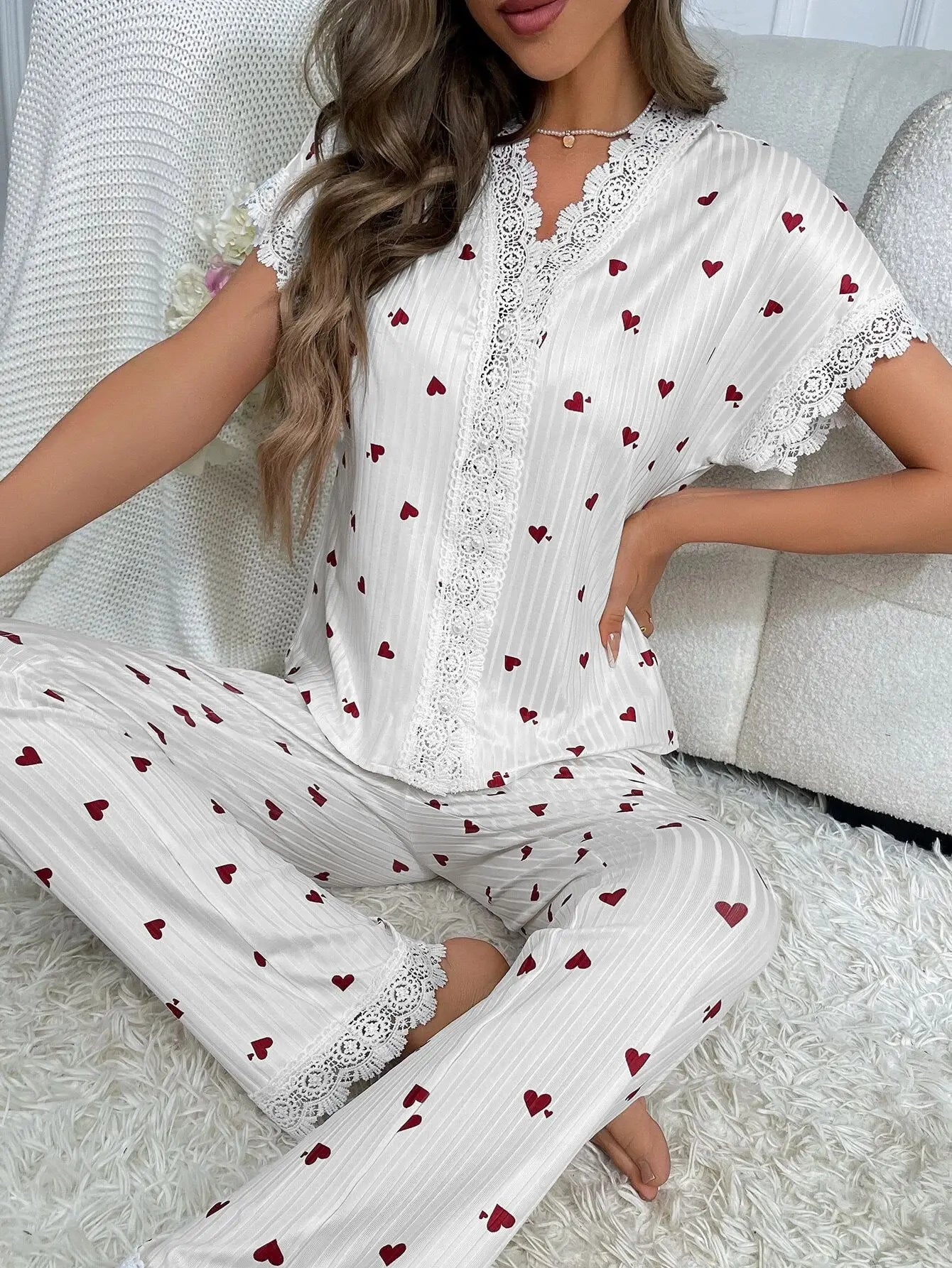 New Cute Ribbed Knit Pajama Set Womens Cherry Print V Neck Short Sleeve Top and Pants Two Piece Sleepwear Lace Trim Homewear Set