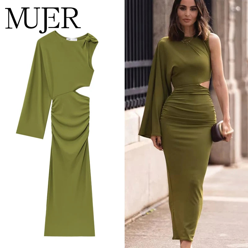 MUJER Green Draped Long Dress Women Asymmetric Cut out Midi Dress Woman Sexy Evening Dresses for Women One Sleeve Night Dresses