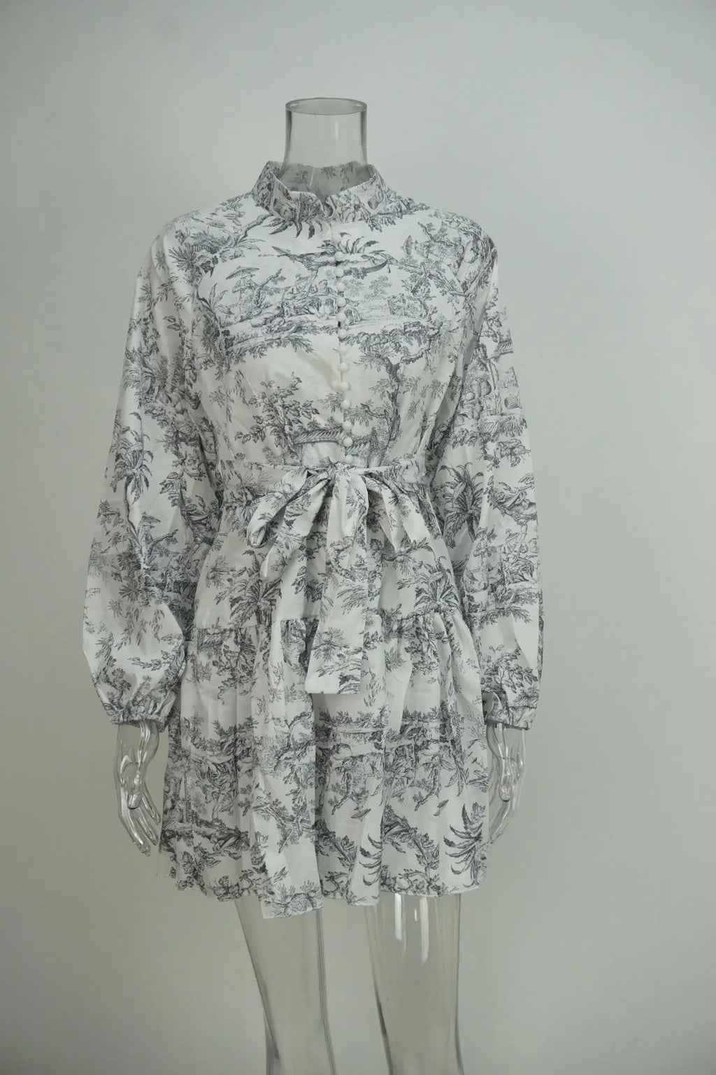 VEITCHE Spring Autumn Vintage Printed Lace-Up Shirt Mini Dress Ruffled Pleated Long Sleeve High Street Women's Short Dresses