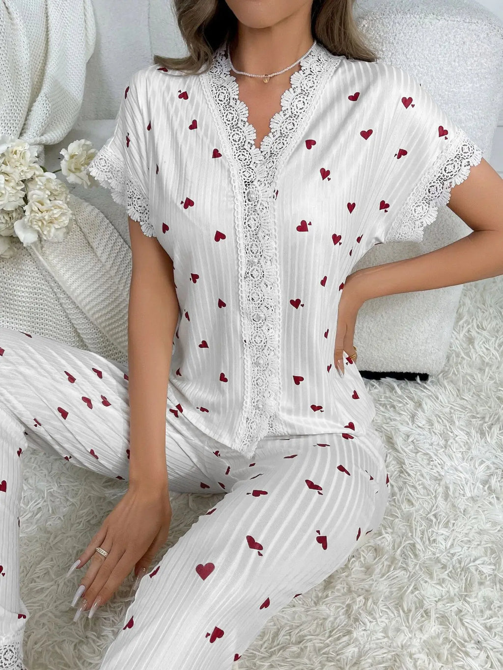 New Cute Ribbed Knit Pajama Set Womens Cherry Print V Neck Short Sleeve Top and Pants Two Piece Sleepwear Lace Trim Homewear Set
