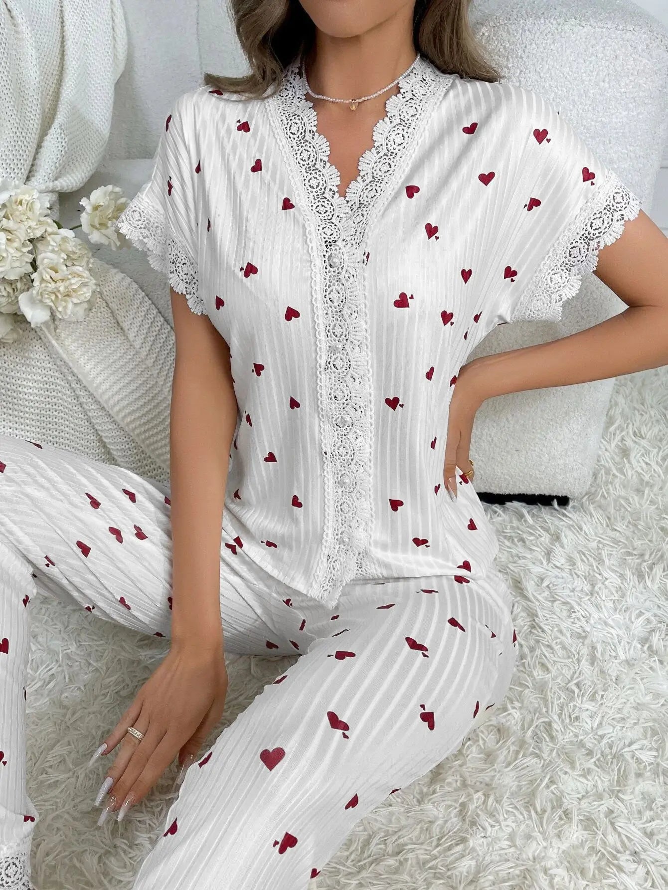 New Cute Ribbed Knit Pajama Set Womens Cherry Print V Neck Short Sleeve Top and Pants Two Piece Sleepwear Lace Trim Homewear Set