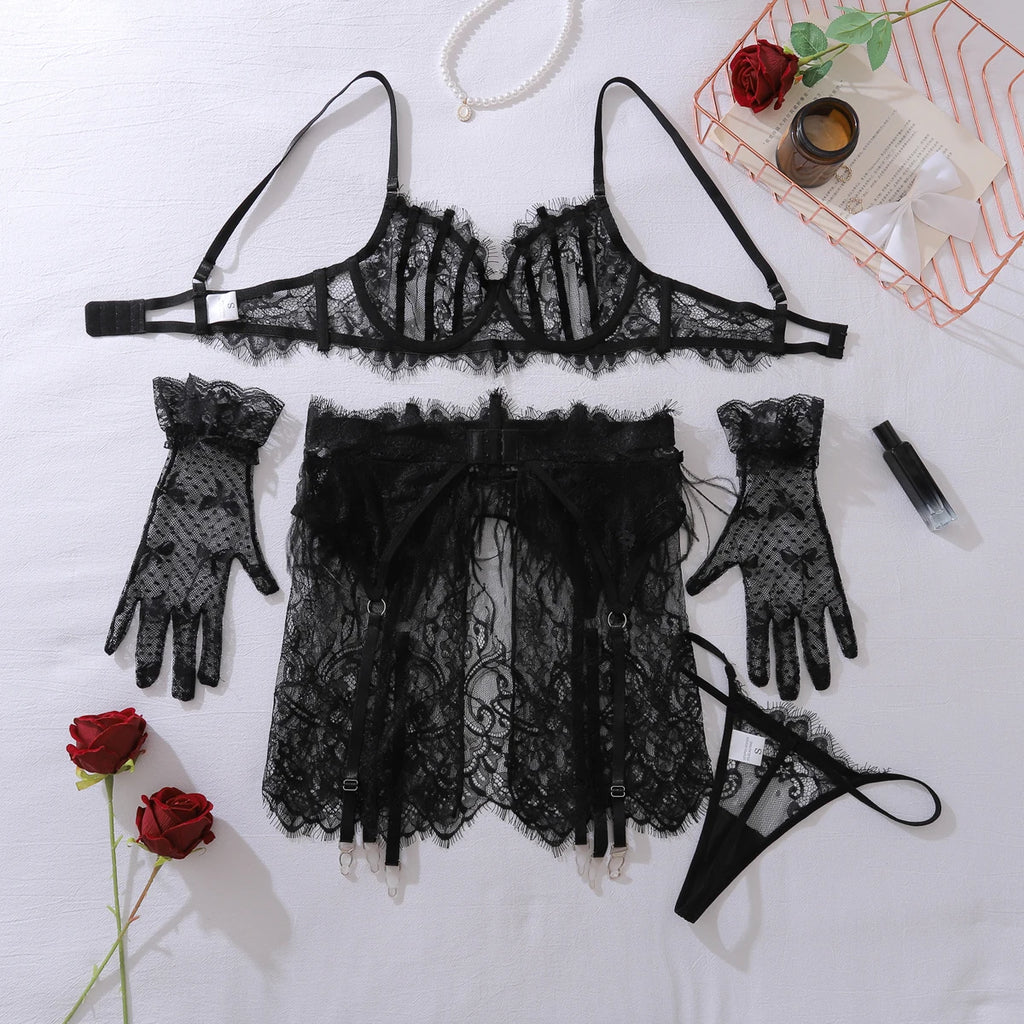 Feather Lace Lingerie Set with Garter & Suspenders