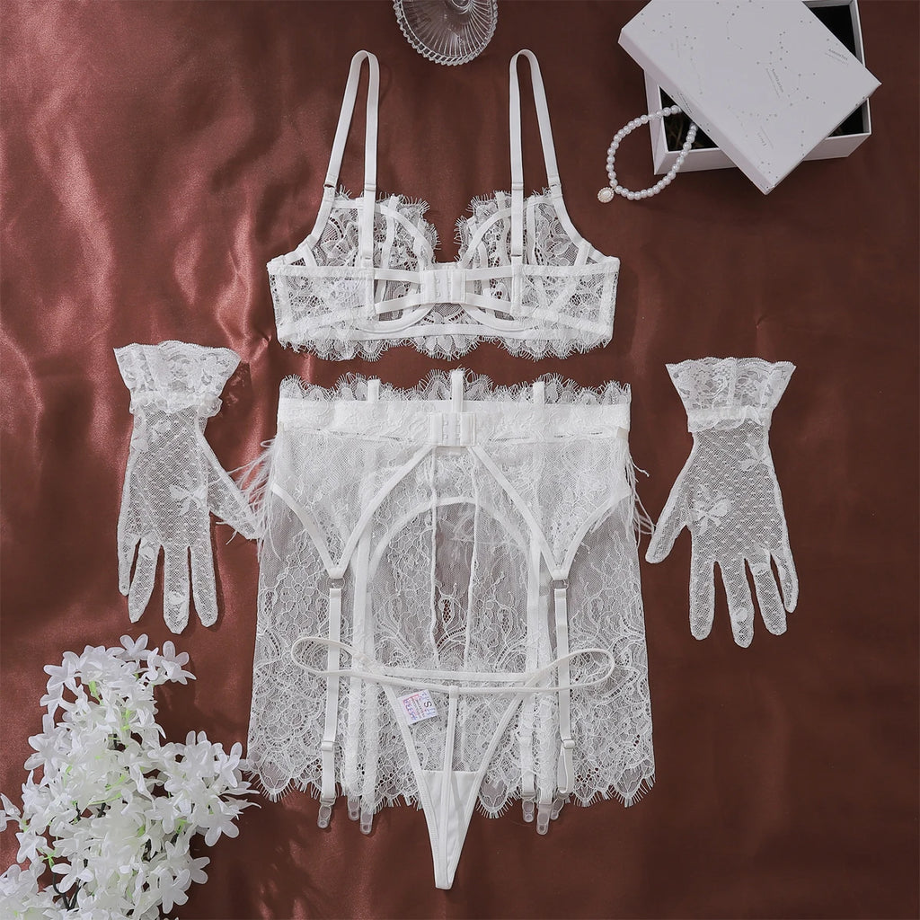 Feather Lace Lingerie Set with Garter & Suspenders