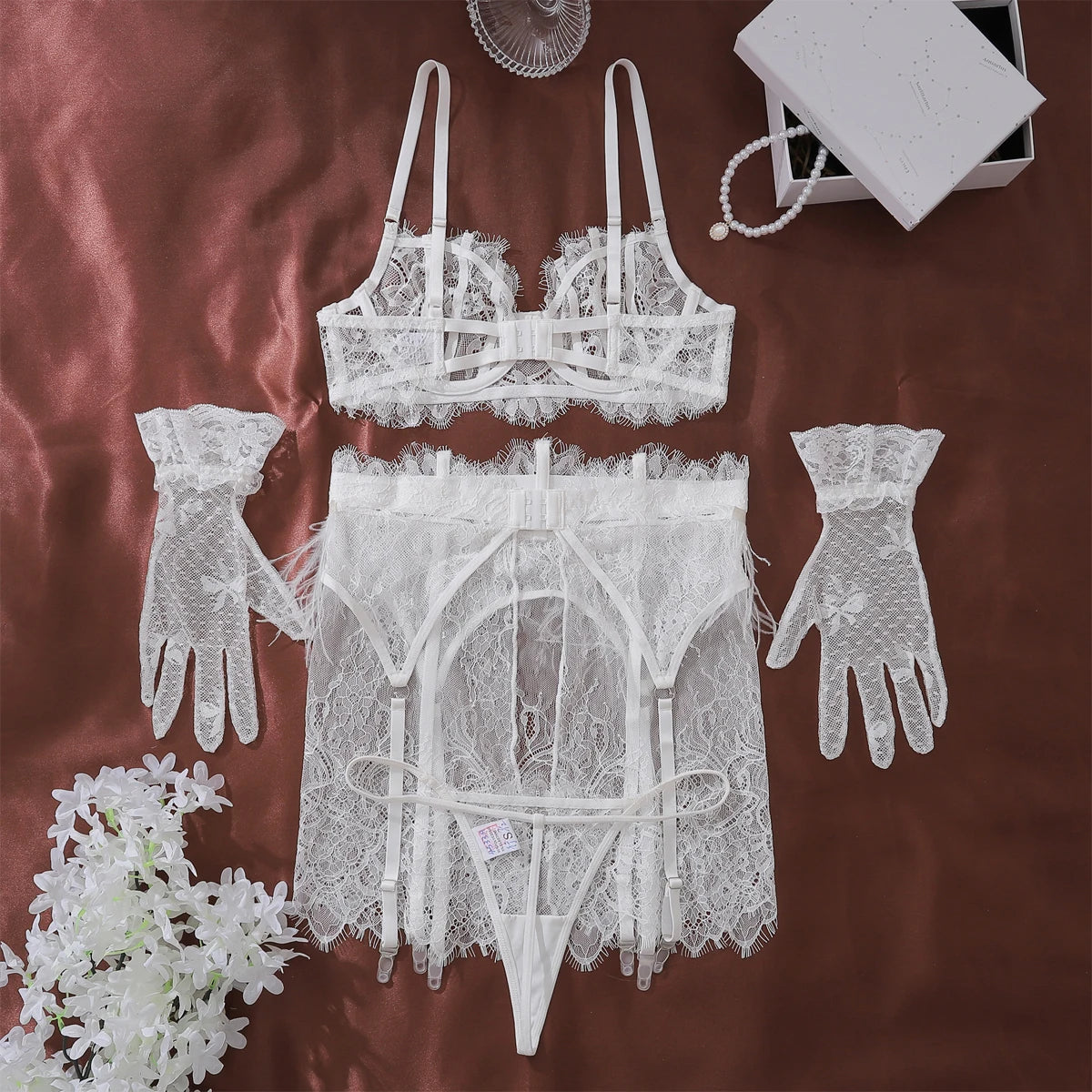Feather Lace Lingerie Set with Garter & Suspenders