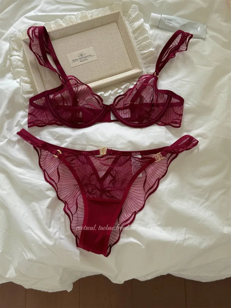 Sexy French Flower Embroidery Lace Bra Set