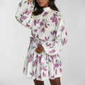 VEITCHE Spring Autumn Vintage Printed Lace-Up Shirt Mini Dress Ruffled Pleated Long Sleeve High Street Women's Short Dresses