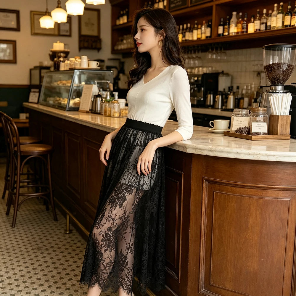 Lace Jacquard Transperant Skirt