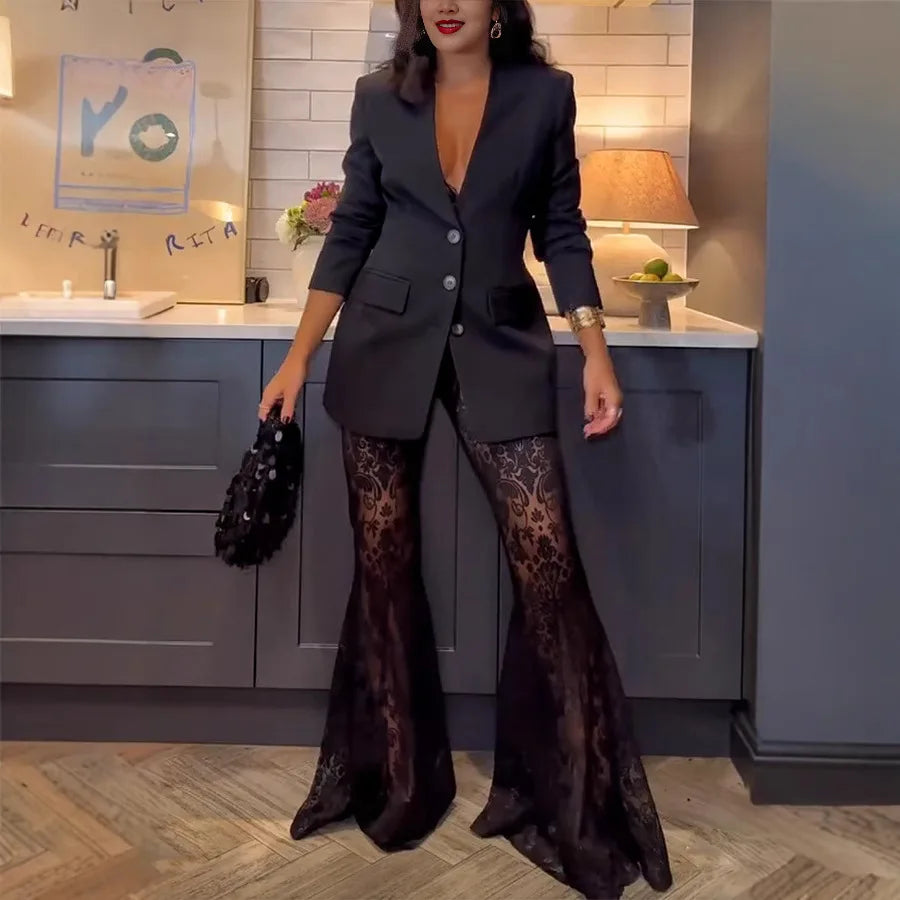 Elegant Blazer Jacquard Lace Pants Sets