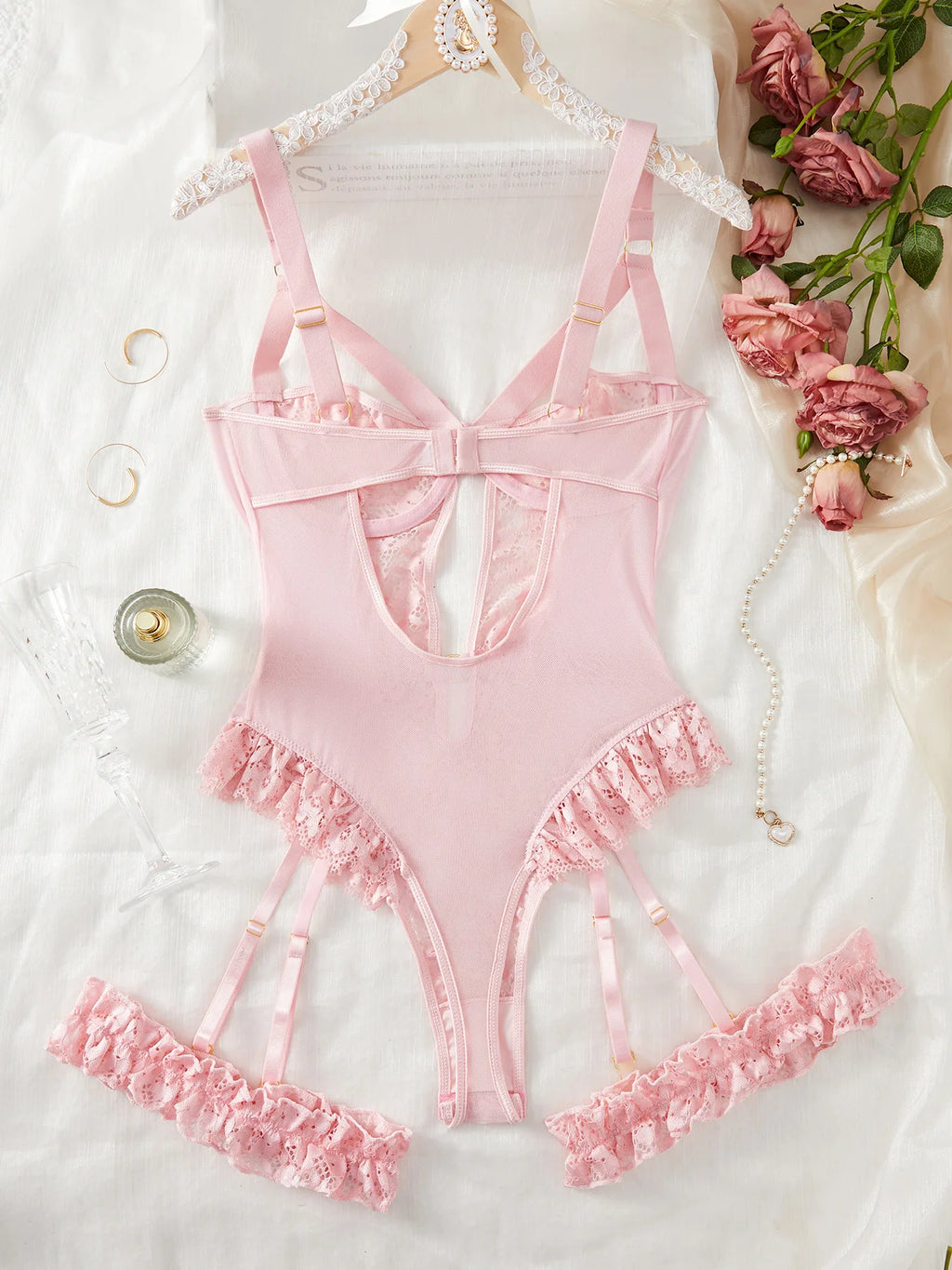 Red Floral Lace Garter Lingerie Set