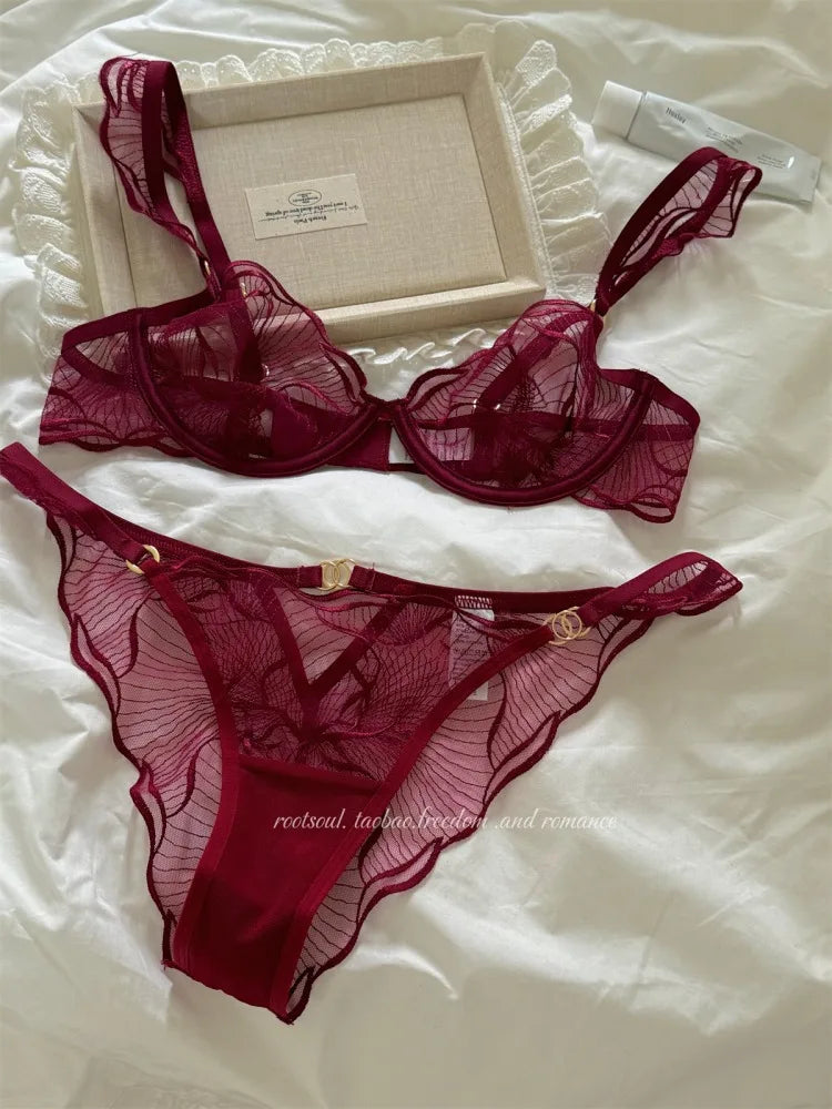 Sexy French Flower Embroidery Lace Bra Set