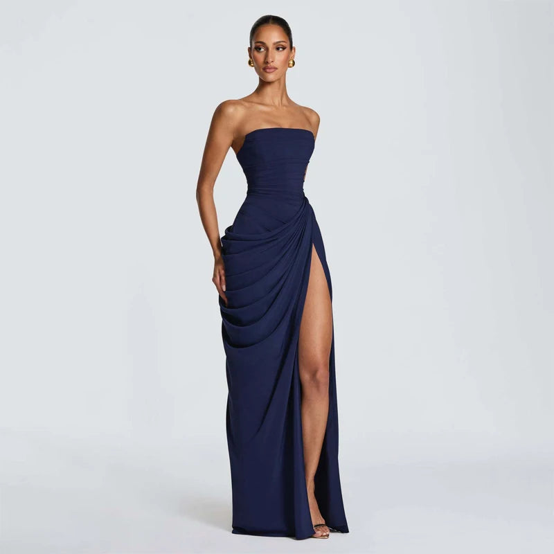 Yellow Strapless Pleated Dress Women Elegant Sexy Sleeveless Waist Cinching Split Maxi Gowns 2026 Lady New Evening Party Dresses
