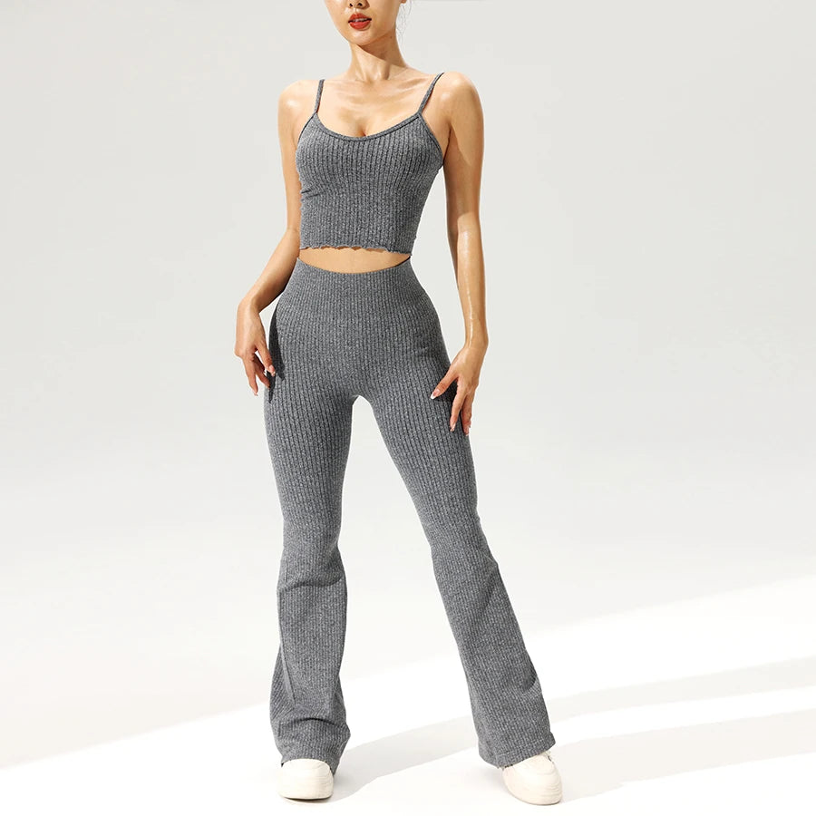 2pcs/set Seamless Flared Pants Ribbed Tank Top Outfit