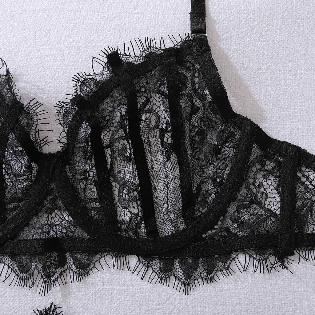 Feather Lace Lingerie Set with Garter & Suspenders