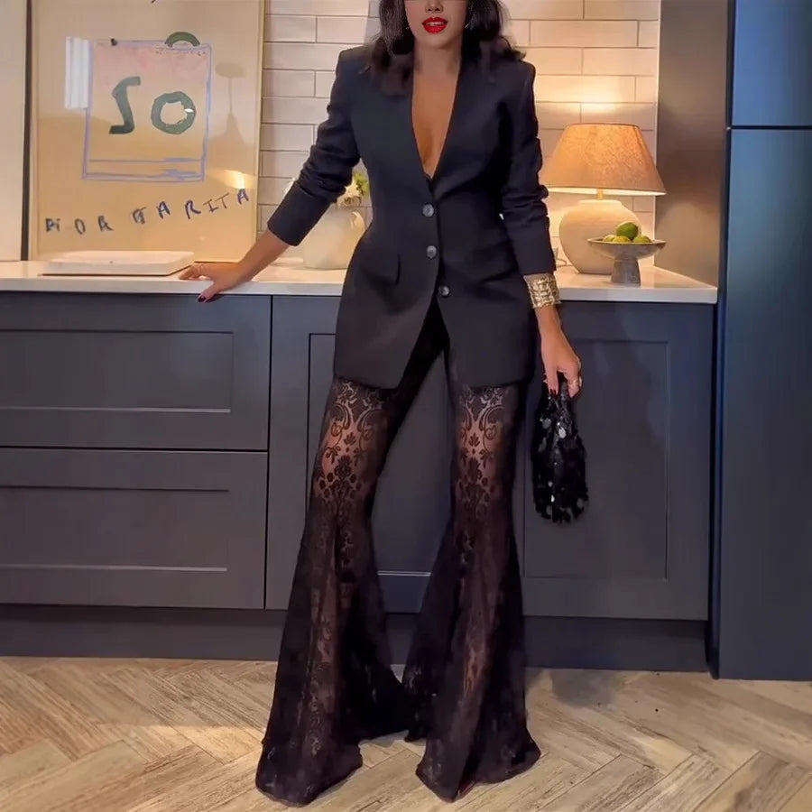 Elegant Blazer Jacquard Lace Pants Sets