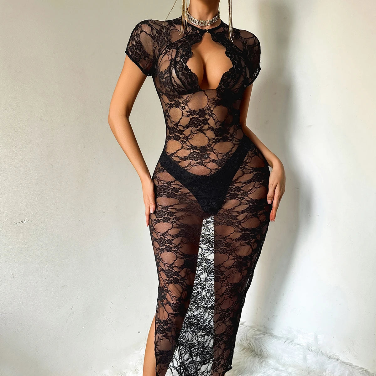 Sheer Lace Maxi Dress Set