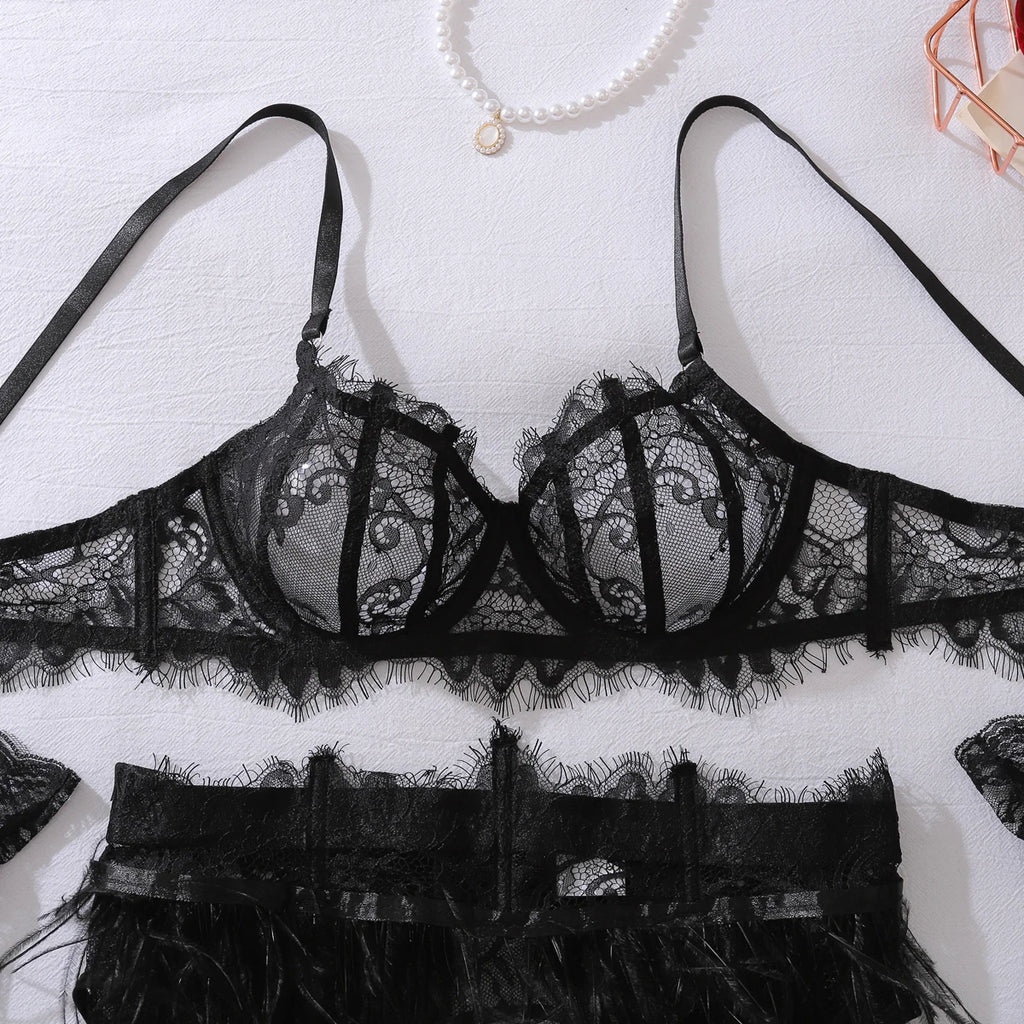 Feather Lace Lingerie Set with Garter & Suspenders