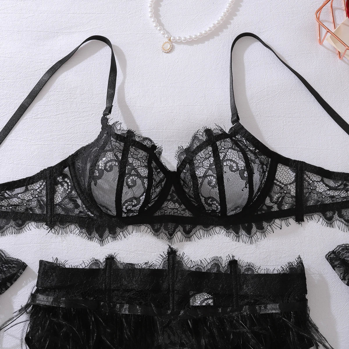 Feather Lace Lingerie Set with Garter & Suspenders