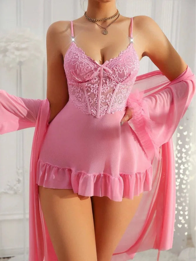 Lace Cami Dress & Mesh Robe Set