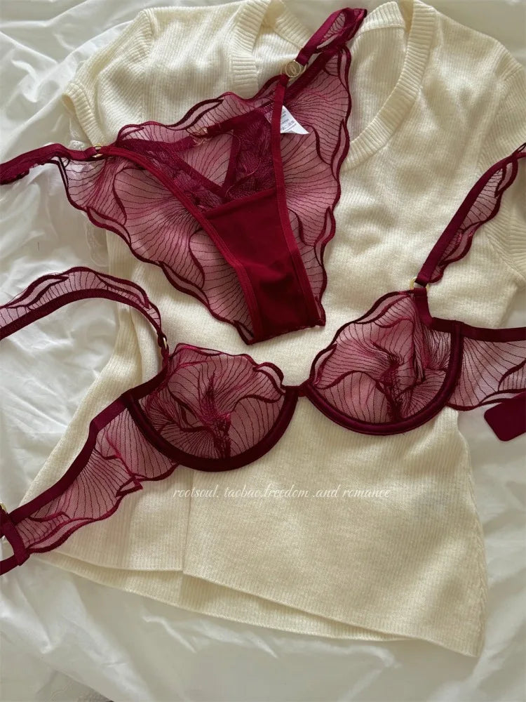 Sexy French Flower Embroidery Lace Bra Set
