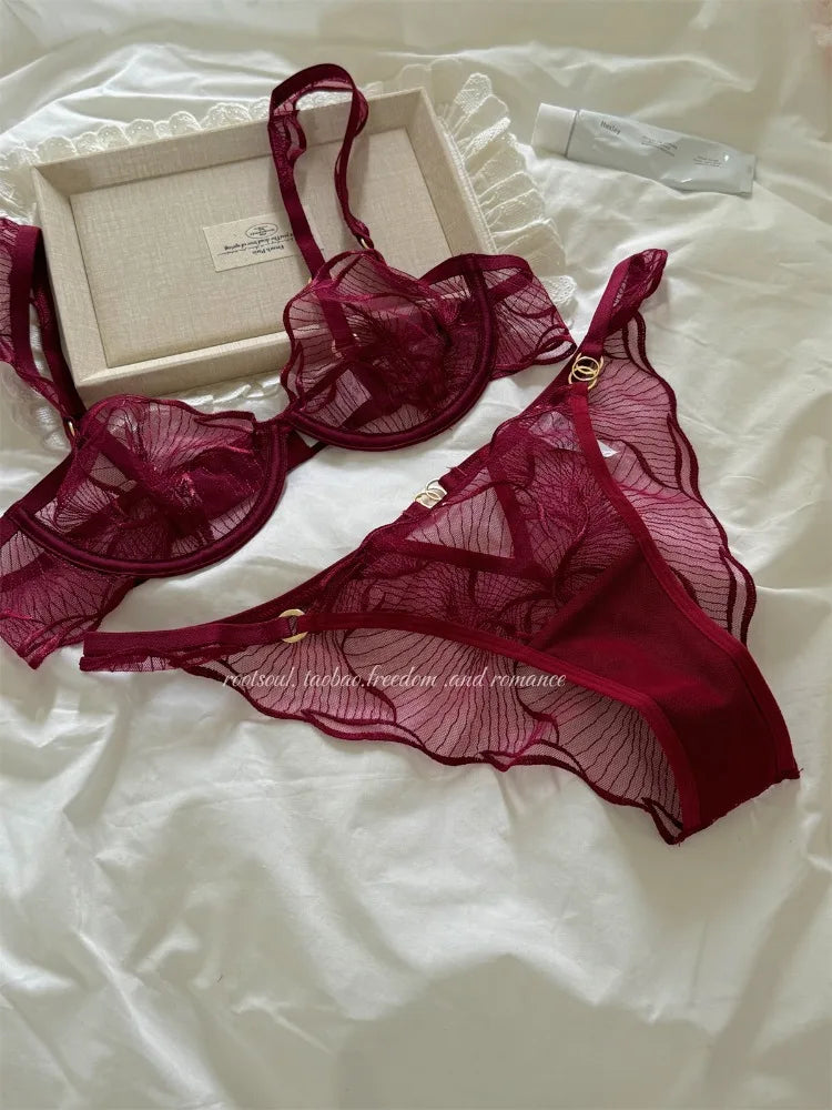 Sexy French Flower Embroidery Lace Bra Set