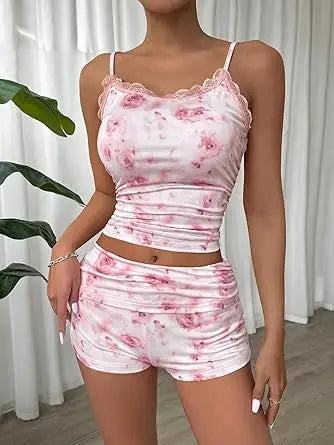 flower print lace neckline casual pants set