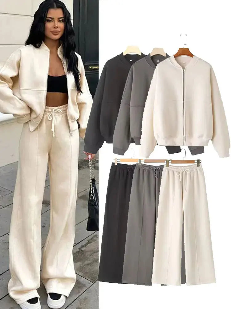 Zip Bomber Jacket+High Waist Lace Up Pants Street Wear