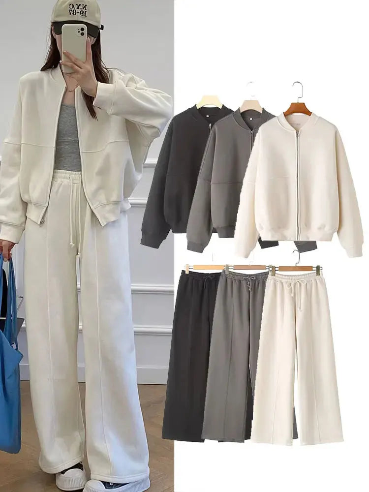 Zip Bomber Jacket+High Waist Lace Up Pants Street Wear