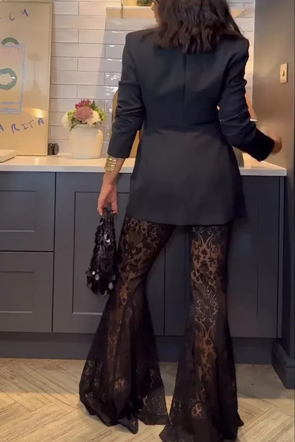 Elegant Blazer Jacquard Lace Pants Sets