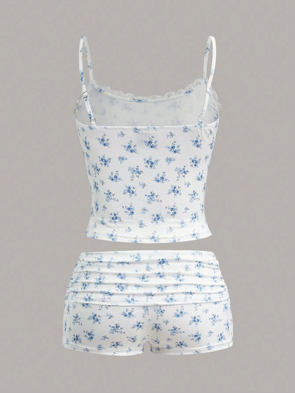 flower print lace neckline casual pants set