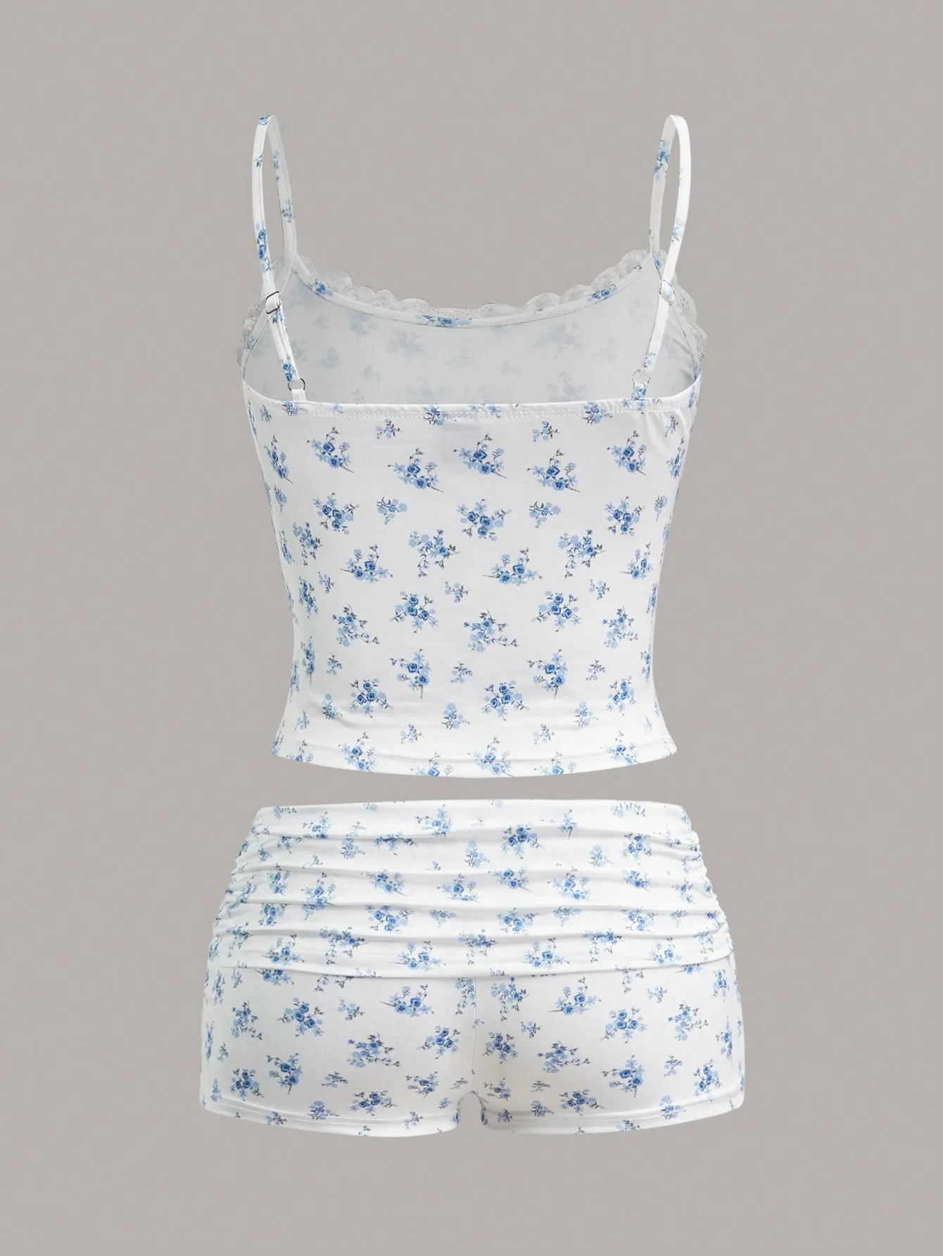 flower print lace neckline casual pants set
