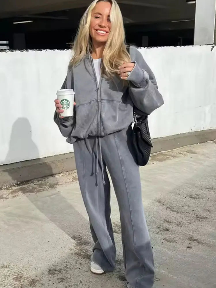 Zip Bomber Jacket+High Waist Lace Up Pants Street Wear