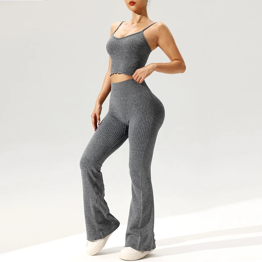 2pcs/set Seamless Flared Pants Ribbed Tank Top Outfit