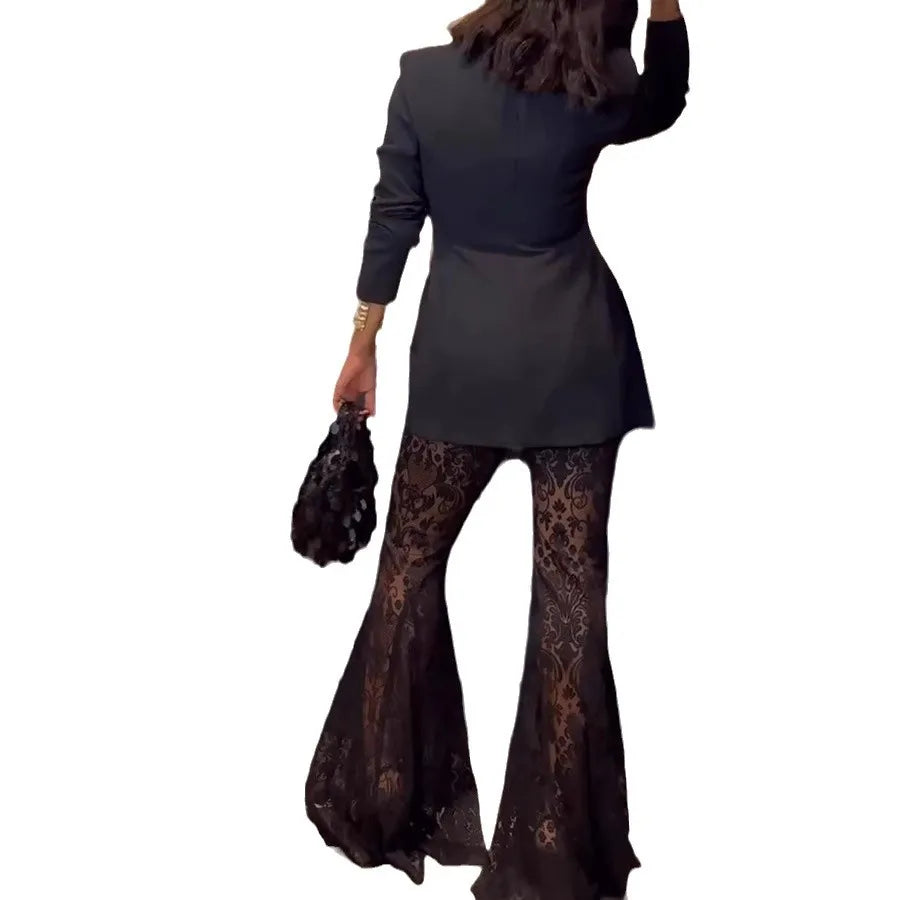 Elegant Blazer Jacquard Lace Pants Sets