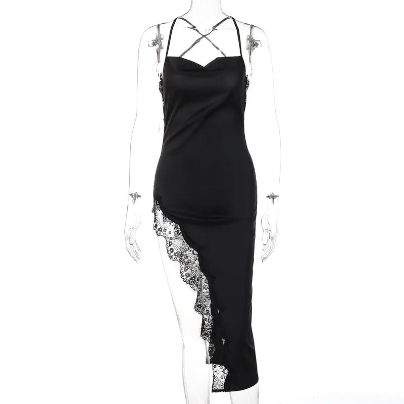Slit Side Lace Spaghetti Strap Backless Dress Summer Women Halter Sleeveless Sexy Slim Dresses Ladies Bodycon Camisole Vestidos